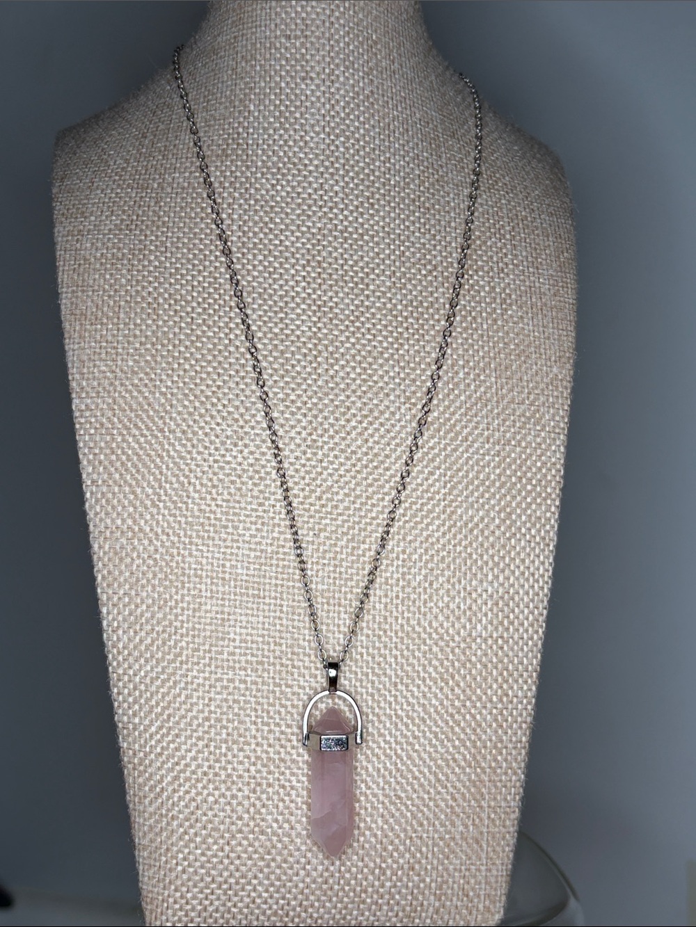 Silvertone Rose Quartz Point Pendant Necklace - 18 in adjustable